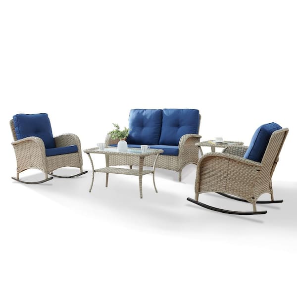 5-Piece Gray Wicker Patio Conversation Set with Blue Cushions and Loveseat Side Table Flat Handrail Rocking Chairs