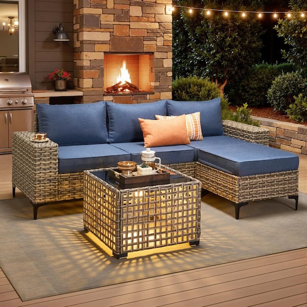 Sunny 5-Piece Wicker Wide Arm Outdoor Furniture Patio Conversation Sofa Seating Set with a Table and Denim Blue Cushions