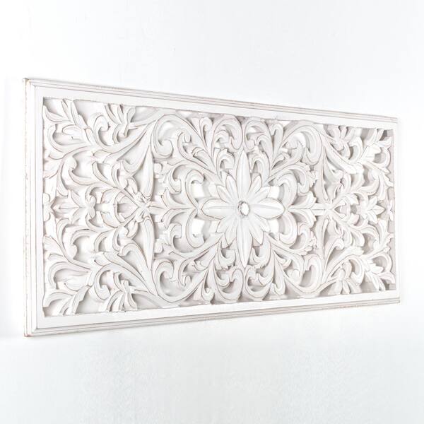 Madeleine Home Remo 18 In X 48 White Medallion Wooden Wall Art Sculptures Mh Md 13011wt - White Carved Wood Medallion Wall Art