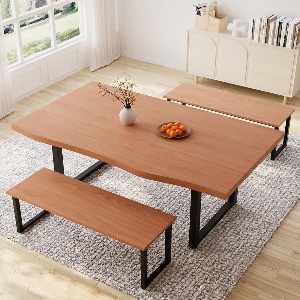 Modern 3 Pieces Rectangular Cherry Red Wood Table MDF Table Top Dining Room Set Seating 4-6 People (Table and 2-Benches) price history on PriceWatchPro