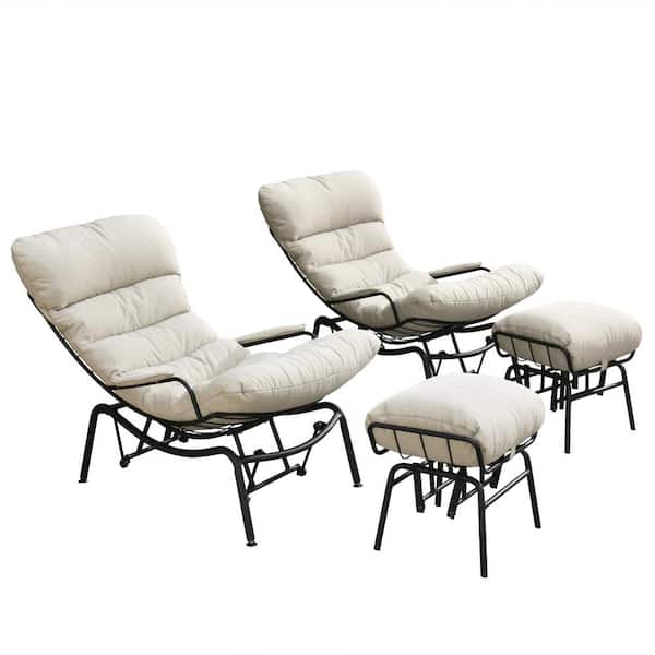 HOOOWOOO Mono Metal Patio Lounge Outdoor Rocking Chair with an Ottoman and Beige Cushions (2-Pack)
