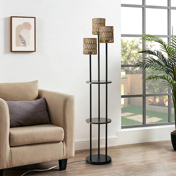 65 in. Rattan White 3-Light Modern Torchiere Tall Standing Floor Lamp with Fabric Drum Shade for Living Room, Bedroom