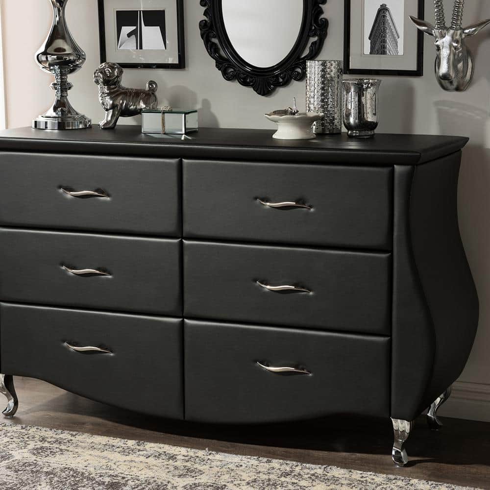 Enzo Luxe Black Faux Leather 6-Drawer Glam Dresser