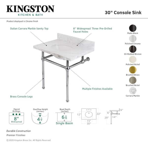 Templeton Marble White Console Sink Basin and Leg Combo in Brushed Nickel