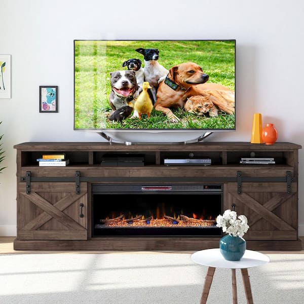 93 in. TV Stand with 42 in. Electric Fireplace Insert, Barnwood Finish, Sliding Barn Doors, Heats up to 400 Sq. Ft.