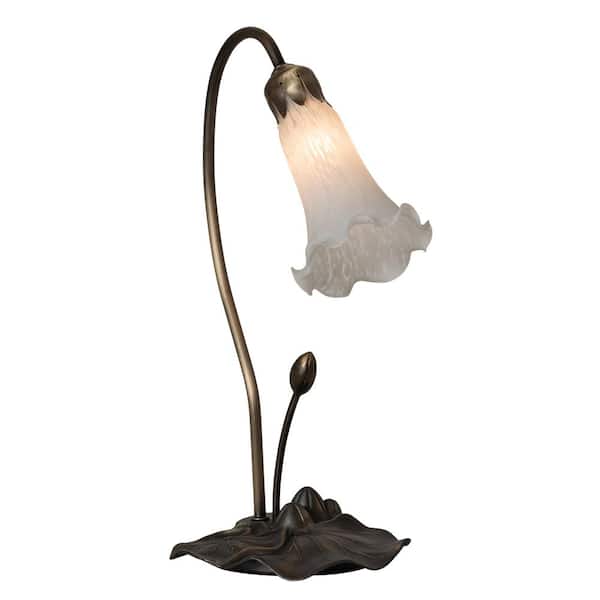 Pond Lily 16 in. Mahogany Bronze Novelty Victorian Mini Table Lamp with White Glass Shade