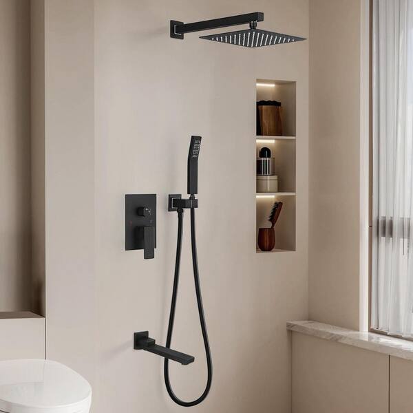 Satico 1-Spray Patterns 9.8 in. Wall Mount Dual Fixed and Handheld Shower Head with Bathtub Faucet 1.8 GPM in Matte Black