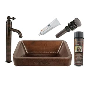 All-in-One Skirted Hammered Copper Rectangular Vessel Sink with ORB Single Handle Vessel Faucet