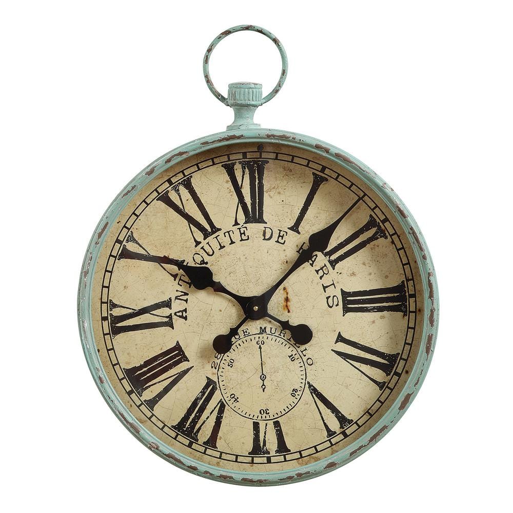 3r Studios Distressed Aqua Pocket Watch Style Wall Clock Da1534 The Home Depot