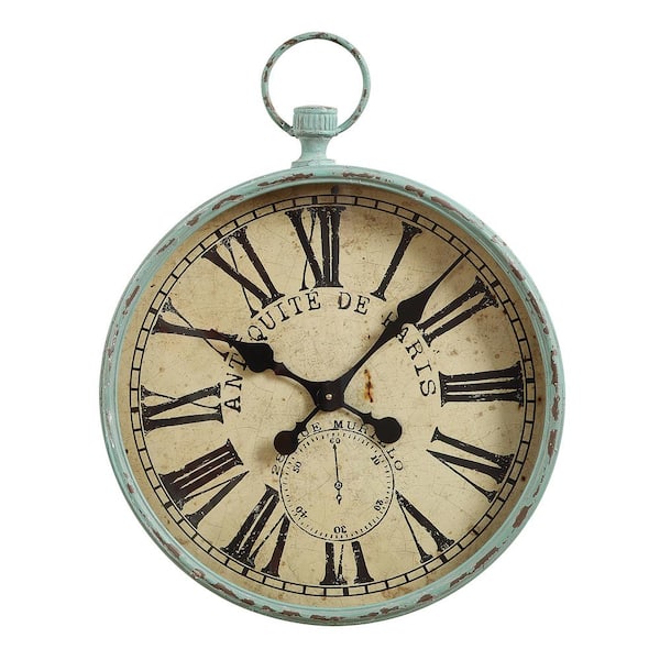 Storied Home Distressed Aqua Pocket Watch Style Wall Clock