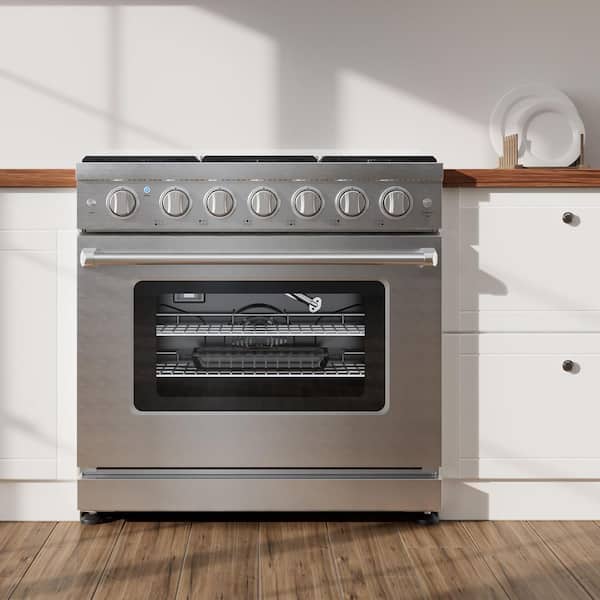 36.2 in. 6-Burner Slide-In Gas Range with 6 cu. ft. Rapid Convection Oven and Storage Drawer in Silver