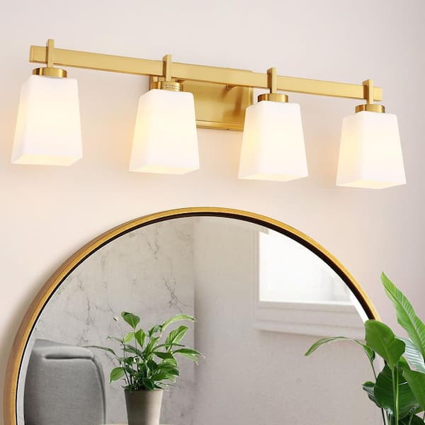 27.6 in. 4-Light Brushed Gold Bathroom Vanity Light with Frosted Glass Square Shades Classic Wall Sconce