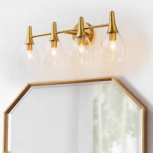 Ava 25.6 in. 4-Light Gold Bathroom Vanity Light Modern Wall Sconce with Hammer Glass