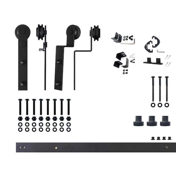 HOMACER 4 ft./48 in. Black Rustic Single Track Bypass Sliding Barn Door Hardware Kit w/ Straight Design Roller for Double Doors