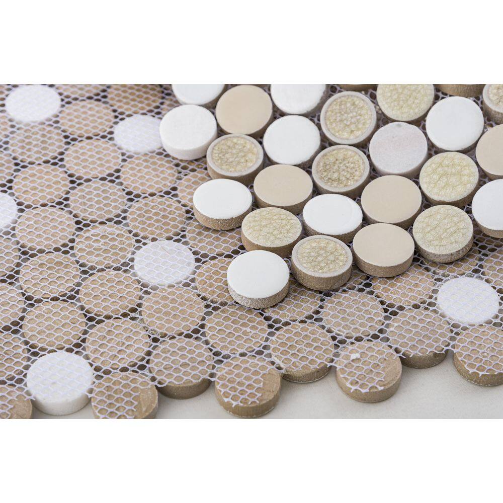 Polished White and Beige Ceramic Penny Round Mosaic Tile