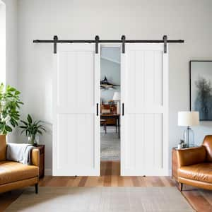 48 in. x 84 in. (Double 24 in.) Paneled H shape White Finished MDF Interior Double Sliding Barn Door with Hardware Kit