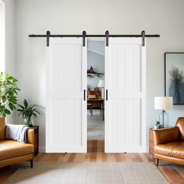 60 in. x 84 in. (Double 30 in.) Paneled H Shape White Finished MDF Interior Double Sliding Barn Door with Hardware Kit