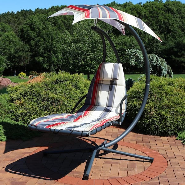 Deck Cushioned Sunbed Sun Lounge Chair Rocking Hammock Lares & Penates White Cushion Modern Outdoor Hanging Chaise Lounger with Canopy Sun Shade for Poolside Patio Furniture 