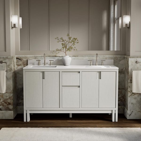 Solive 60 in. Double SinkGossamer White Bath Vanity Cabinet with Sink and Quartz Top