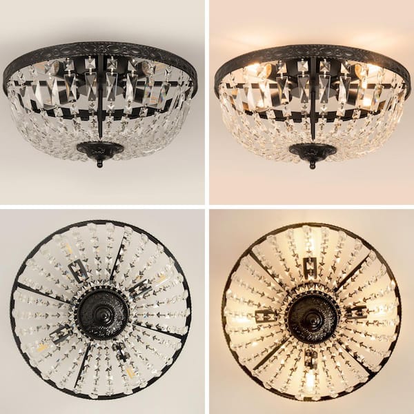 ARISKEEN 20 in. 4-Light Antique Black Flush Mount Crystal Strands