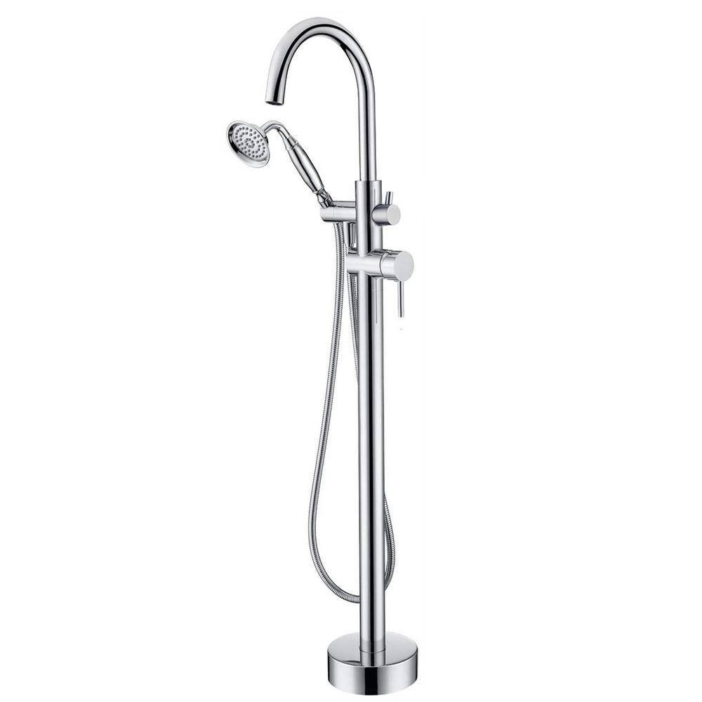 Single-Handle Floor Mount Freestanding Tub Faucet with Hand Shower and Buil
