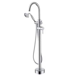 Single-Handle Floor Mount Freestanding Tub Faucet with Hand Shower and Built-in Valve in Polished Chrome