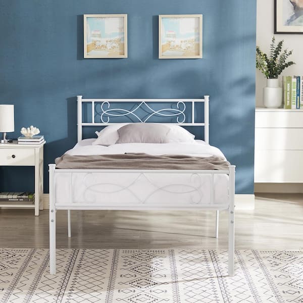 VECELO Bed Frame with Headboards, White Heavy Duty Frame, 39 in. W Twin Metal With 6 Support Legs Platform Bed Frame