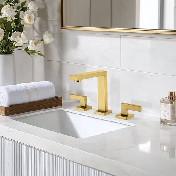 8 in. Widespread Double Handle Bathroom Faucet with Drain Kit Included in Gold
