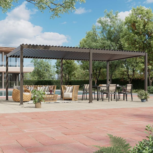 12 ft. x 20 ft. Dark Brown Modern Aluminized Steel Louvered Pergola with Shade Control and Adjustable Louvers for Patio