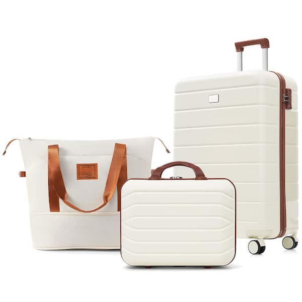 3-Pieces Ivory ABS Plastic Luggage Set with TSA Lock,Expandable Travel Duffel Bag and Waterproof Toiletry Kit