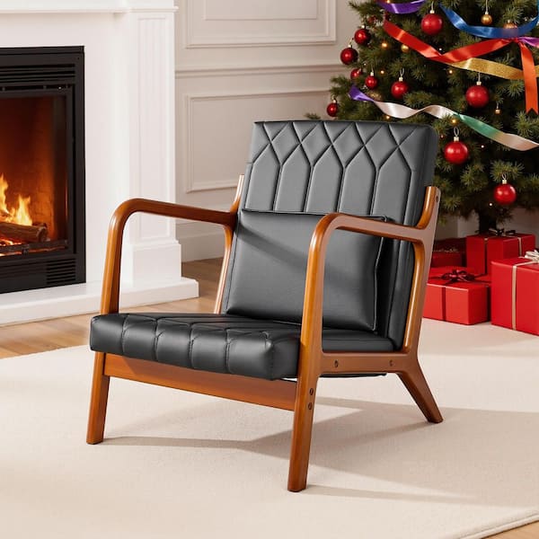 Modern Accent Chair, Solid Wood Frame, Black (Style 4) Upholstery, Comfortable Lounge Chair with 1-Pillow (Set of 1)