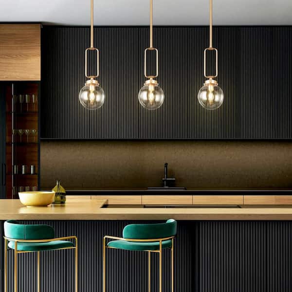 Mid-Century Modern Kitchen Island Globe Pendant Light 1-Light Brass Gold Round Pendant Light with Clear Glass Shade