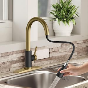 Single Handle Pull Down Sprayer Kitchen Faucet with Deckplate Flexible Hose High Arc Swivel Spout in Gold and Black