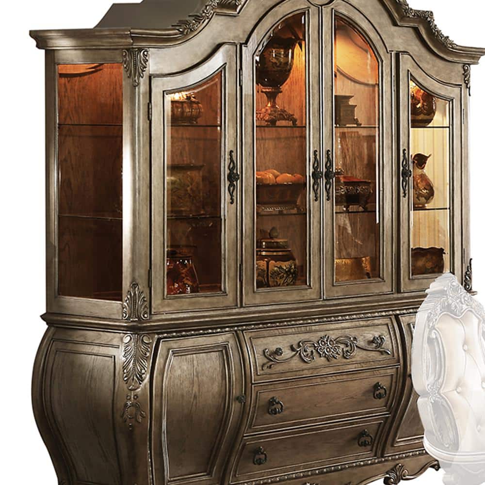 Elegant 72" Vintage Oak Lighted China Cabinet with Intricate Carvings