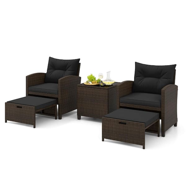 Costway Brown 5-Piece Metal Patio Conversation Set with 2 Ottomans and Tempered Glass Coffee Table and Cushion Black