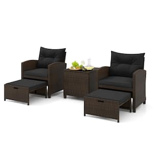 Brown 5-Piece Metal Patio Conversation Set with 2 Ottomans and Tempered Glass Coffee Table and Cushion Black