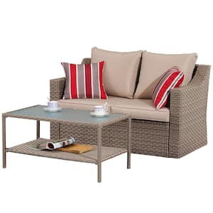 2-Piece PE Rattan Wicker Patio Conversation Set with Khaki Cushions and Coffee Table