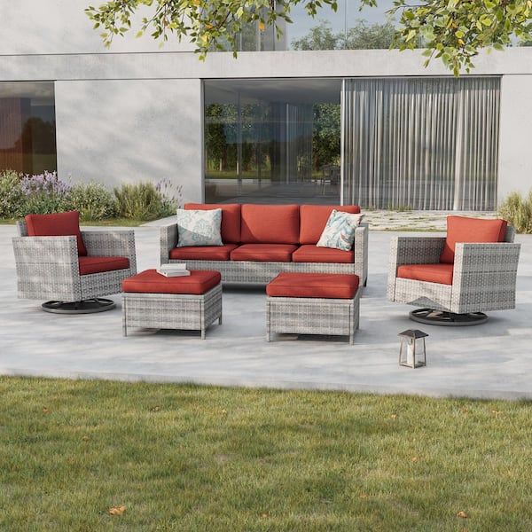 5-Piece Patio Conversation Set Gray Wicker with Swivel Rocking Chair and Rust Red Thickening Cushions