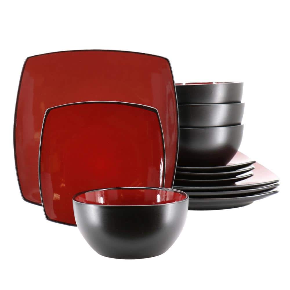HOMETRENDS Soho Lounge 12Piece Square Stoneware Dinnerware Set in Red and Black Service of 4