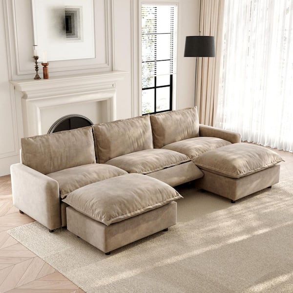 116 in. Square Arm 5-Piece U-Shaped Khaki Linen Modular Sectional Sofa with Extra Wide Cushions,Heat,USB Port,Ottomans
