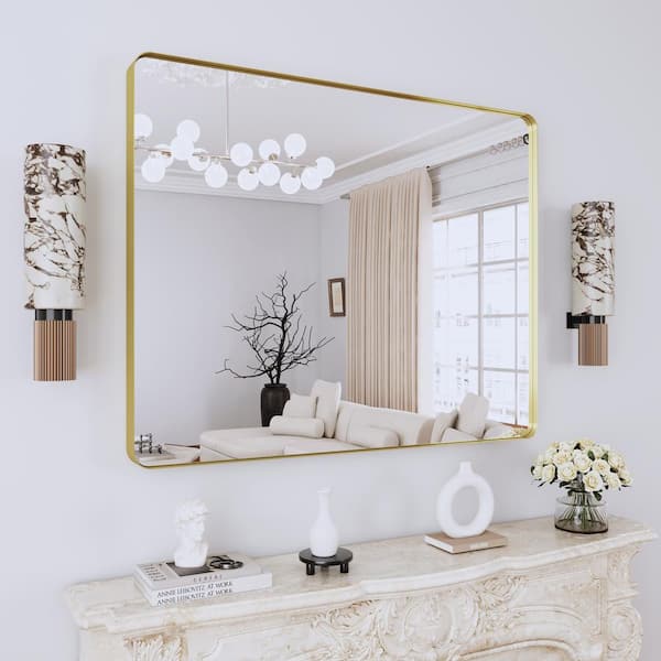 Klajowp 40 in. W x 32 in. H Rectangular Framed Wall Mounted Bathroom Vanity Mirror in Brushed Gold
