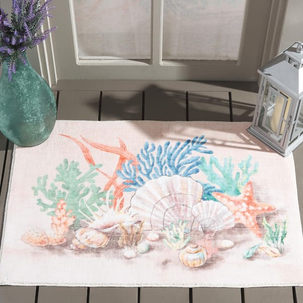 Door and Kitchen Mat 2 ft. x 3 ft. Peach/Green Machine Washable Coral Area Rug