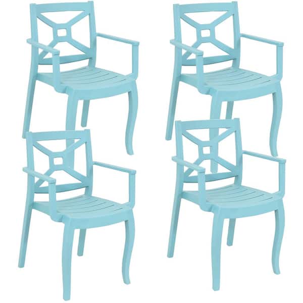 Sunnydaze Tristana Plastic Outdoor Patio Arm Chair in Blue (Set of 4)