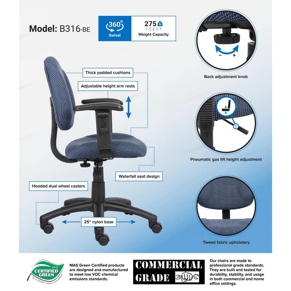 Elegant Blue Fabric Task Chair with Adjustable Arms and Swivel Base