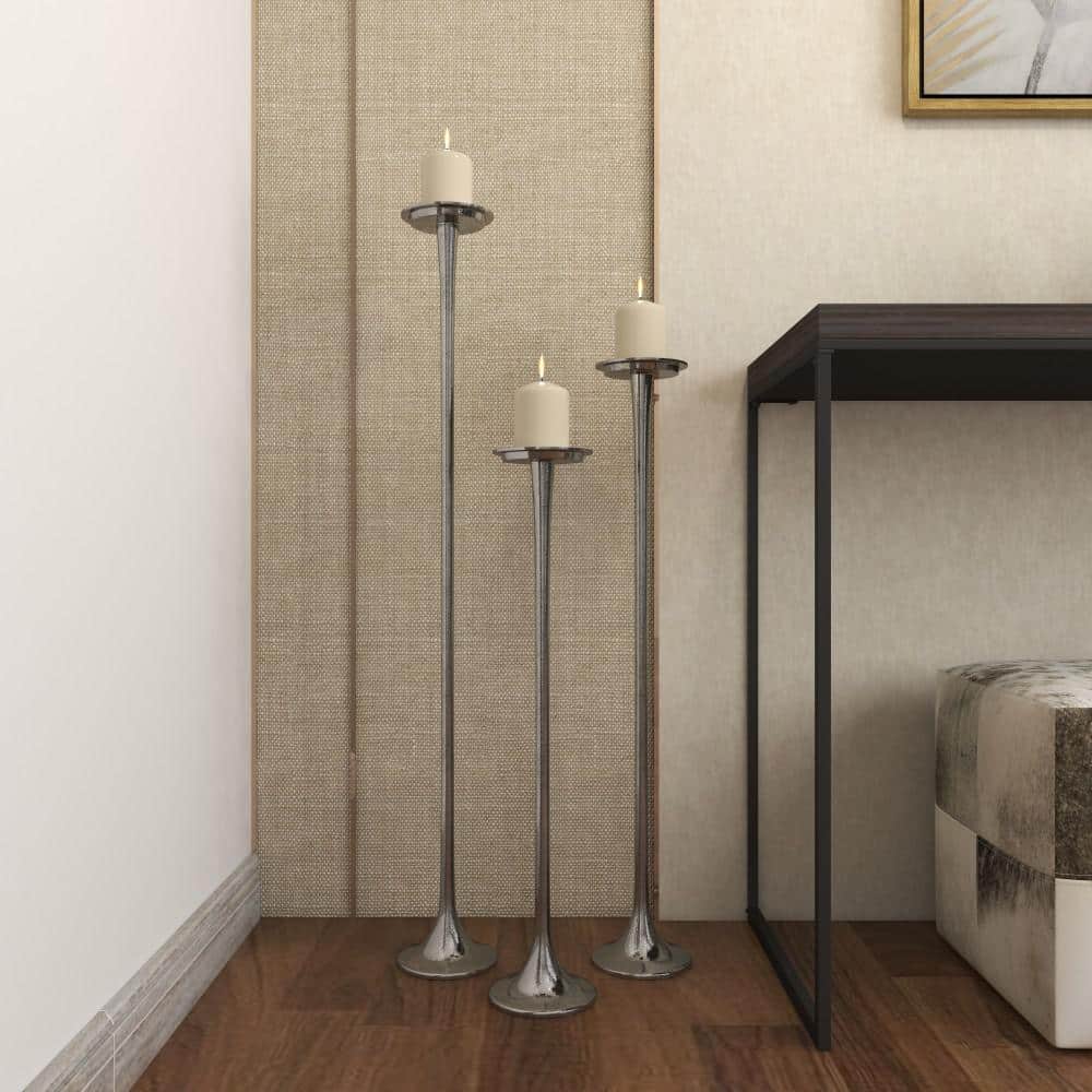 Elegant Trio Silver Aluminum Floor Candle Holders, Set of 3
