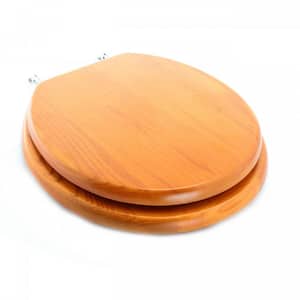 Golden Oak Wooden Round Front Toilet Seat with Chrome Hinges and Non Slip Bumper