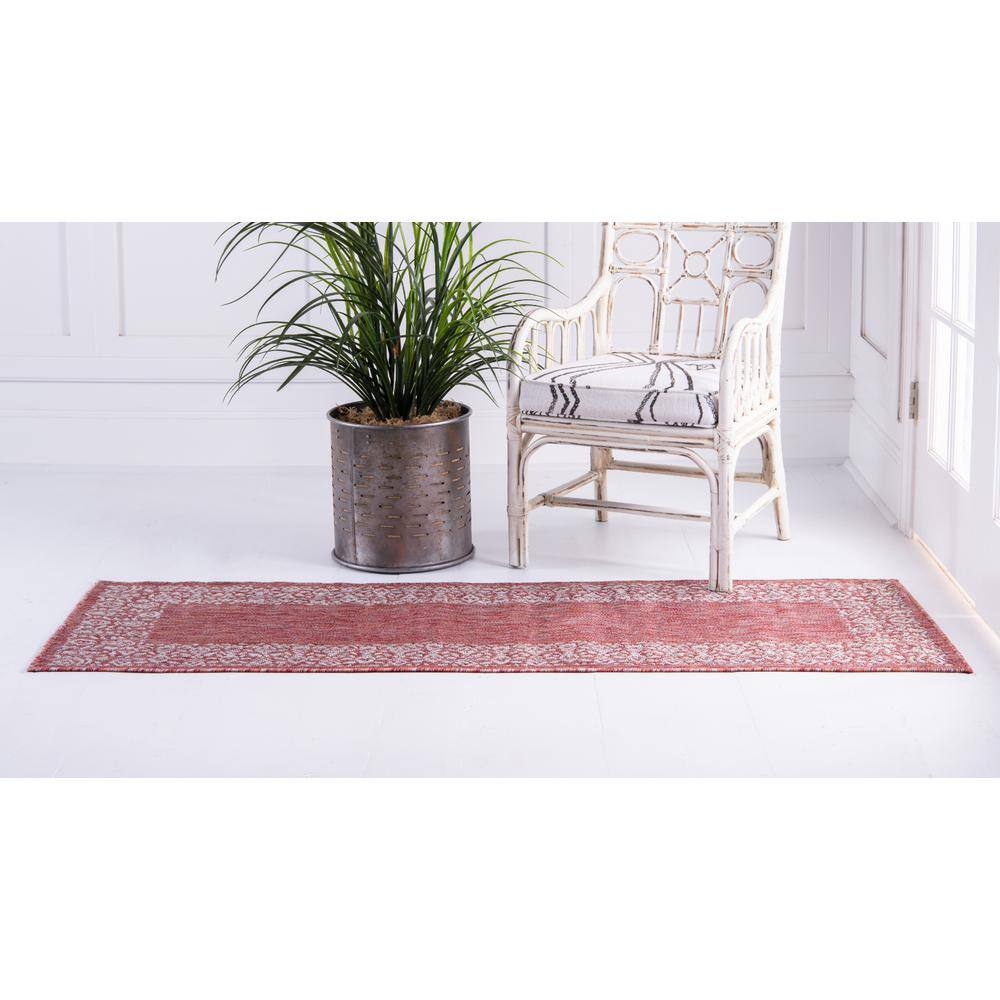 Rust Red Floral Easy-Care Outdoor Synthetic Runner Rug