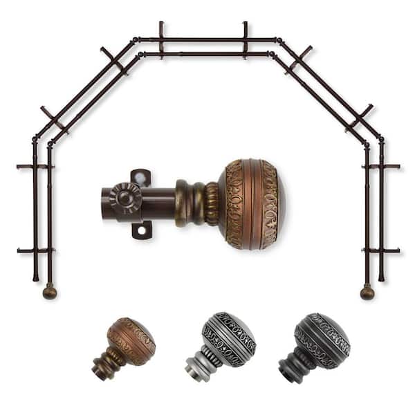 EMOH 13/16" Dia Adjustable 5-Sided Double Bay Window Curtain Rod 28 to 48" (each side) with Hudson Finials in Cocoa