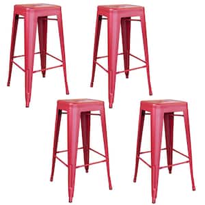 30 in. Red Metal, Backless, Zinc Plated, Outdoor Use Bar Stool (Set of 4)