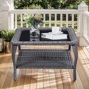 Gray Square Wicker Outdoor Coffee Table with Black Tempered Glass Top and Storage Space